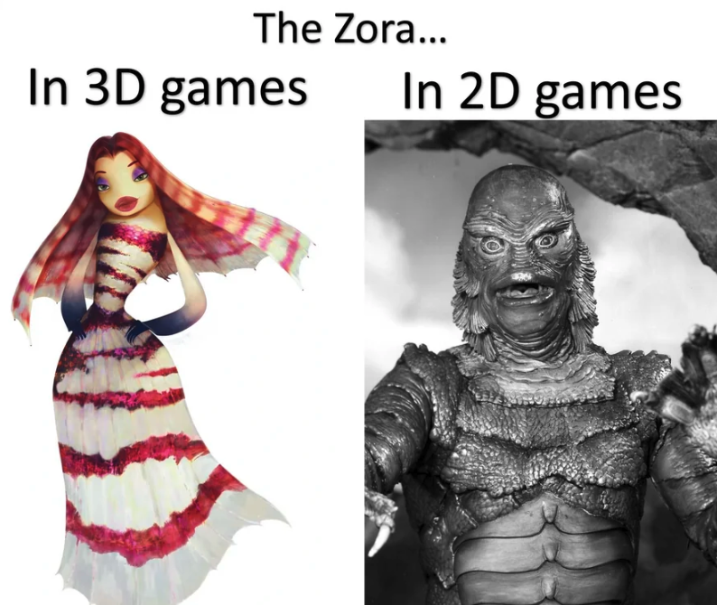 gaming memes - lola shark tale fan art - The Zora... In 3D games In 2D games
