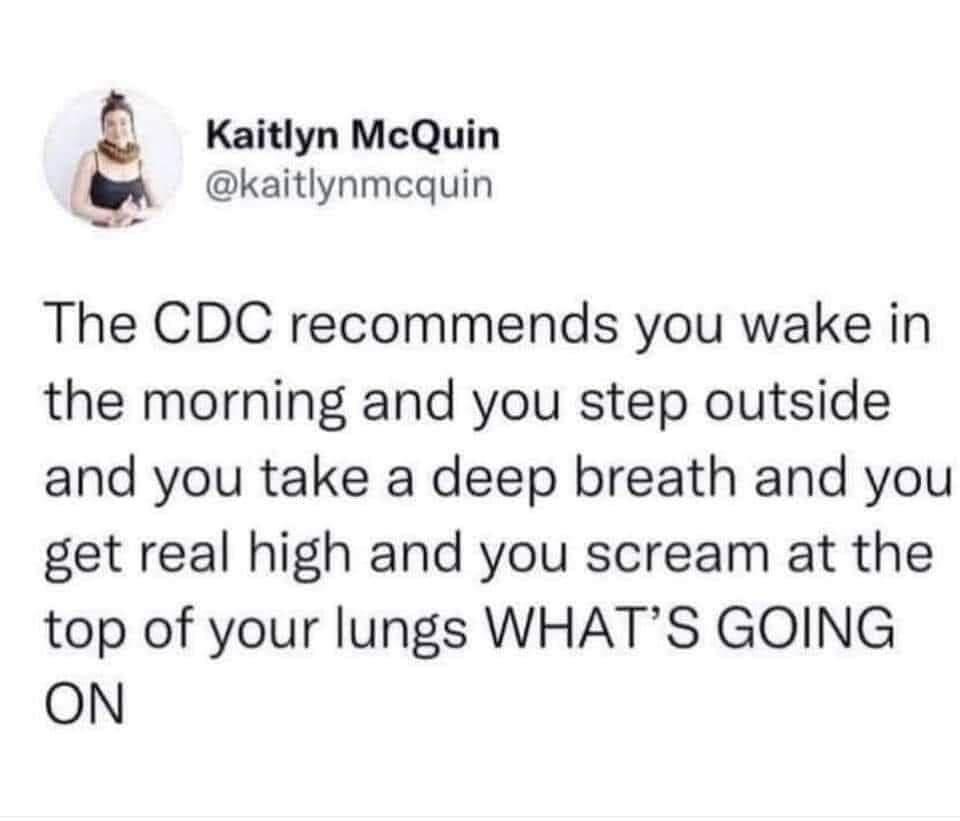 funny memes - cdc recommends you wake in the morning - Kaitlyn McQuin The Cdc recommends you wake in the morning and you step outside and you take a deep breath and you get real high and you scream at the top of your lungs What'S Going On