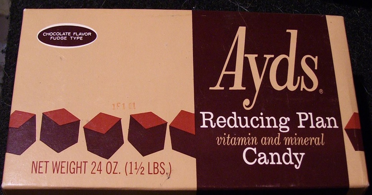 all-time PR blunders - ayds diet candy - Chocolate Flavor Fudge Type Net Weight 24 Oz. 12 Lbs. Ayds Reducing Plan vitamin and mineral Candy