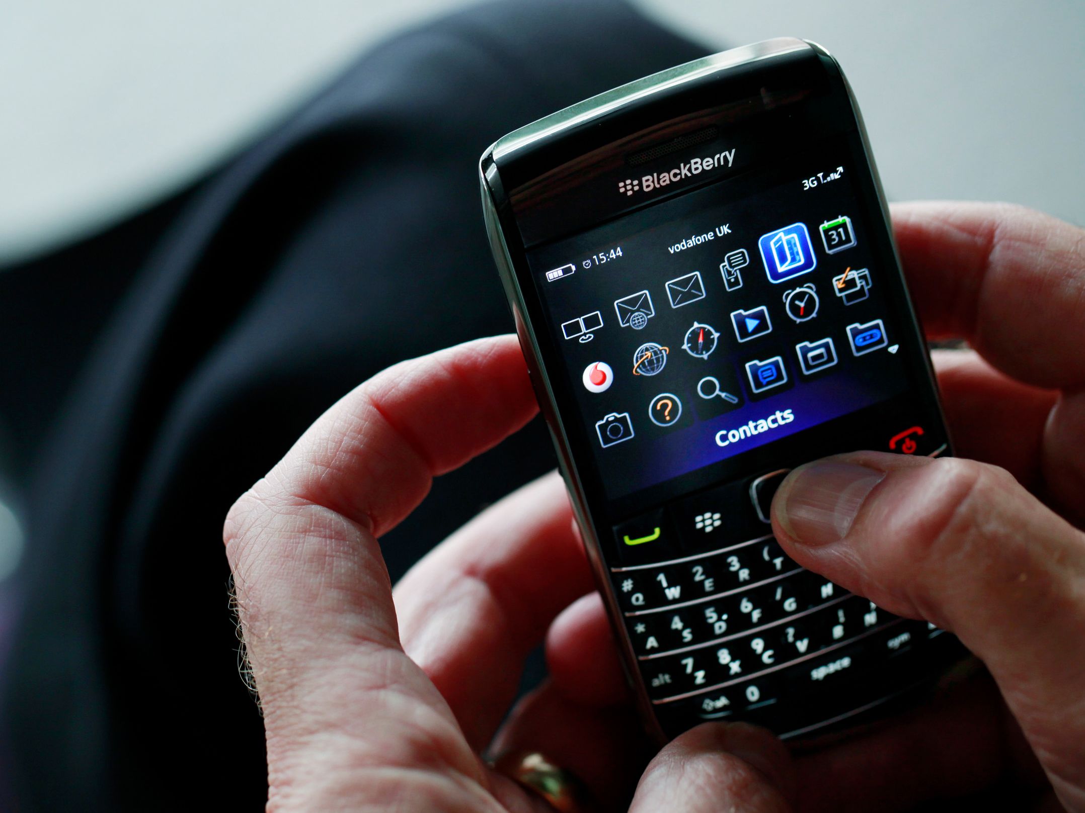 all-time PR blunders - blackberry phone - BlackBerry ? vodafone Uk A alt 1 a E Contacts 88 Q 1 3 , 2 W 3G T.. 12 & & 'v 7 8 0 31 space