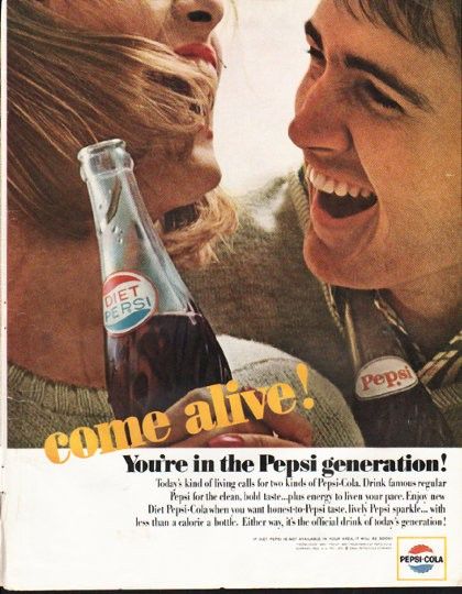 all-time PR blunders - pepsi 1964 - Diet Persi come alive! Pepsi You're in the Pepsi generation! Today's kind of living calls for two kinds of PepsiCola. Drink famous regular Pepsi for the clean, bold taste...plus energy to liven your pace. Enjoy new Diet
