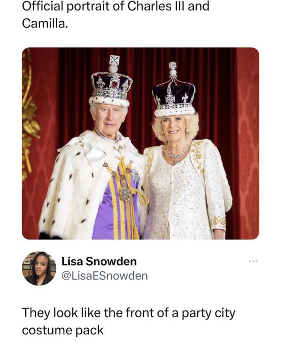 savage comments and insults - king charles official photo coronation - Official portrait of Charles Iii and Camilla. Puzs Lisa Snowden They look the front of a party city costume pack