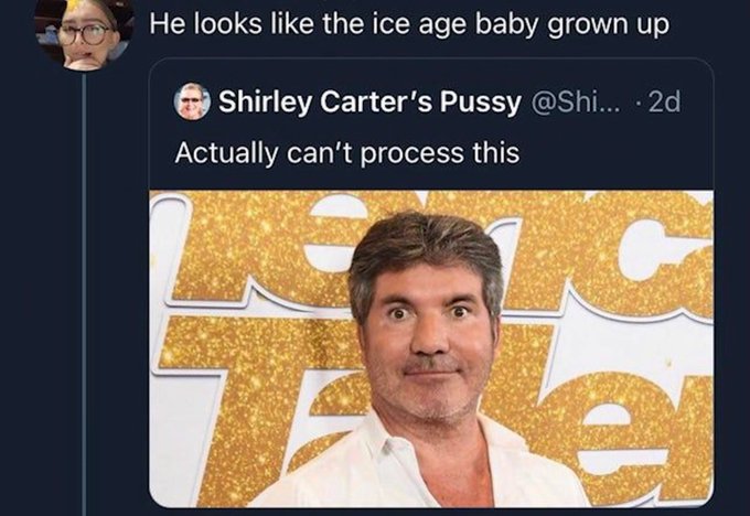 savage comments and insults - ice age baby simon cowell meme - He looks the ice age baby grown up Shirley Carter's Pussy ... .2d Actually can't process this 1