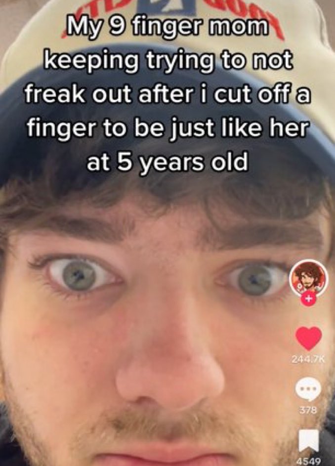 wild tiktok screenshots - photo caption - My 9 finger mom keeping trying to not freak out after i cut off a finger to be just her at 5 years old 378 4549