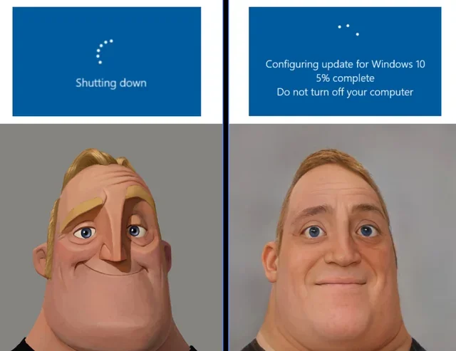 funny gaming memes - head - Shutting down Configuring update for Windows 10 5% complete Do not turn off your computer