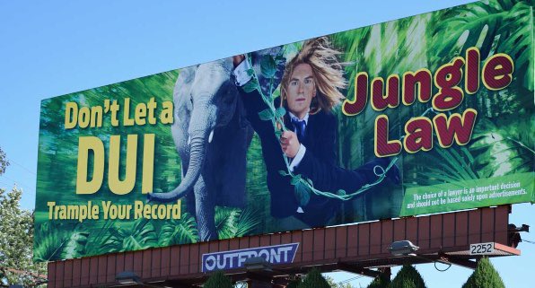 local saul goodman's  - billboard - Don't Let a Dui Trample Your Record Outfront Jungle Law The choice of a lawyer is an important decision and should not be based salely spon advertisements. 2252