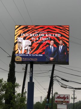 local saul goodman's  - pusch and nguyen billboard - Have you hoen Injured Or Killed by a Tiger? You Wie T ppal.com 7137015000 Pn Pusc&Noni 3103 Andy's Show Cl