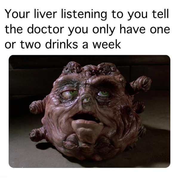 funny memes - head - Your liver listening to you tell the doctor you only have one or two drinks a week