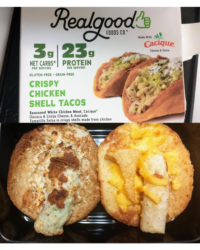 expectations vs reality - vegetarian food - Realgood 39 239 g Net Carbs Protein Per Serving Per Serving GlutenFree. GrainFree Crispy Chicken Shell Tacos Seasoned White Chicken Meat, Cacique Oaxaca & Cotija Cheese, & Avocado Tomatillo Salsa in crispy shell