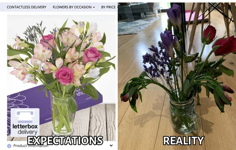 expectations vs reality - flower bouquet - Contactless Delivery Flowers By Occasion By Price letterbox delivery efic Expectations Product information Reality