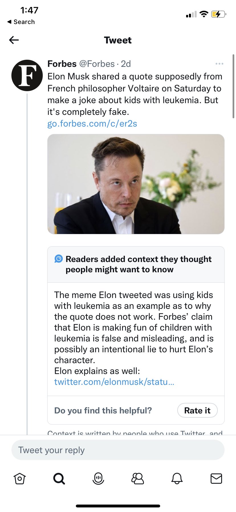 funny community notes - web page - Search F Forbes 2d Elon Musk d a quote supposedly from French philosopher Voltaire on Saturday to make a joke about kids with leukemia. But it's completely fake. go.forbes.comcer2s Tweet Readers added context they though