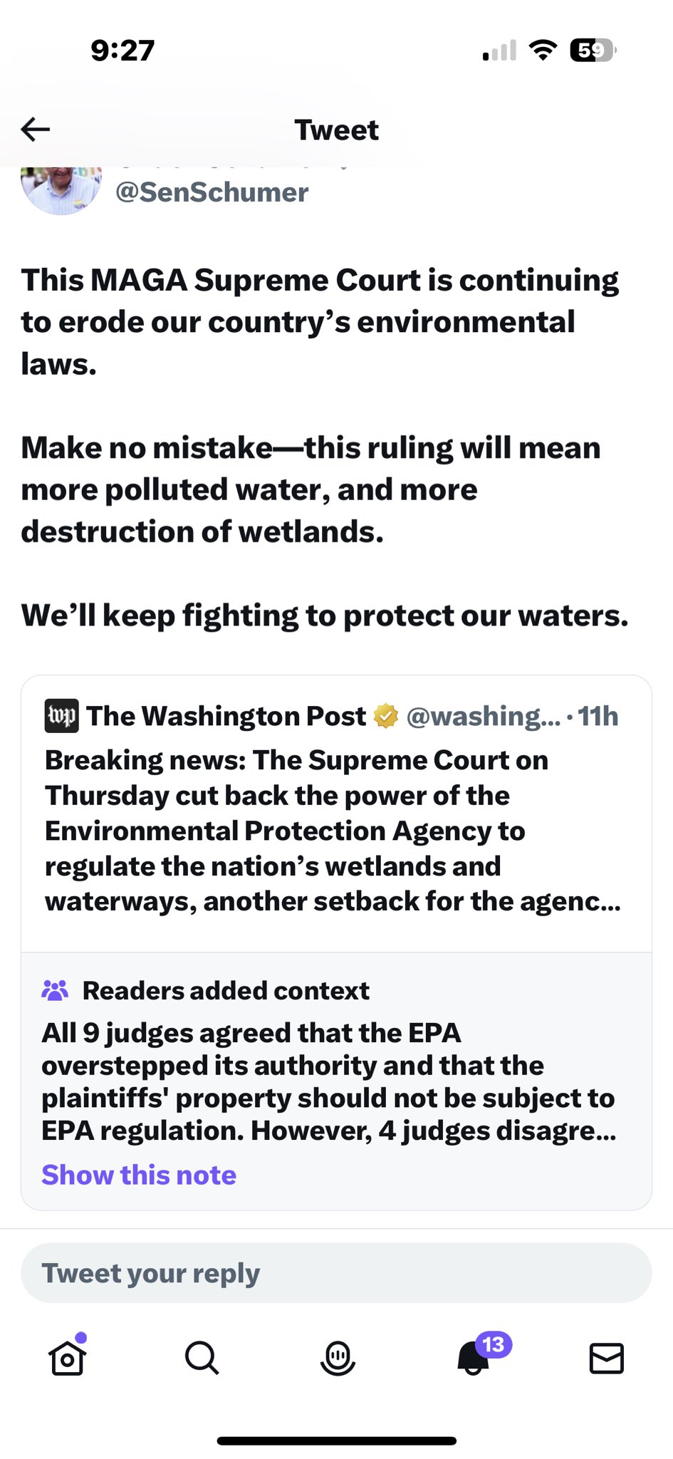 funny community notes - document - K Tweet This Maga Supreme Court is continuing to erode our country's environmental laws. Make no mistakethis ruling will mean more polluted water, and more destruction of wetlands. 59 We'll keep fighting to protect our w