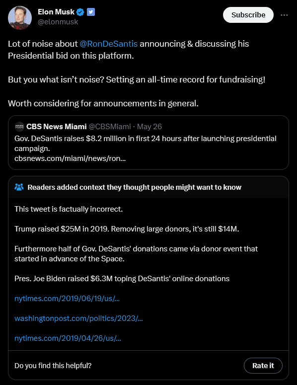 funny community notes - screenshot - Elon Musk Lot of noise about announcing & discussing his Presidential bid on this platform. But you what isn't noise? Setting an alltime record for fundraising! Worth considering for announcements in general. Cbs News 