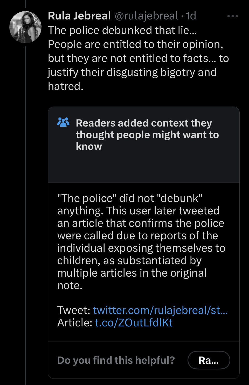 funny community notes - screenshot - Rula Jebreal The police debunked that lie... People are entitled to their opinion, but they are not entitled to facts... to justify their disgusting bigotry and hatred. Readers added context they thought people might w