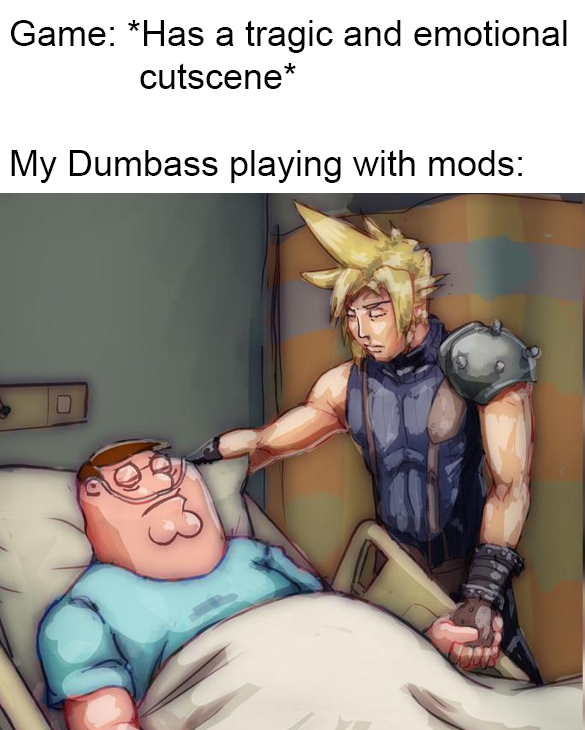funny memes - cartoon - Game Has a tragic and emotional cutscene My Dumbass playing with mods