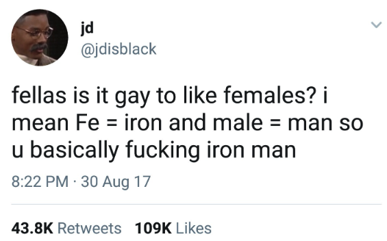 fellas is it gay - Discrimination - jd fellas is it gay to females? i mean Fe iron and male man so u basically fucking iron man 30 Aug 17 >