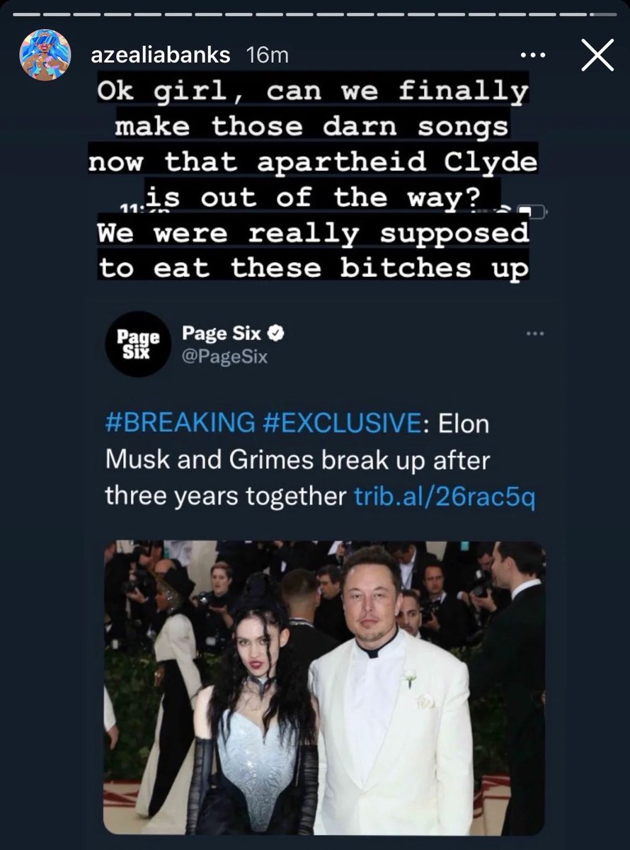best azealia banks posts - azealia banks elon musk grimes - azealiabanks 16m Ok girl, can we finally make those darn songs now that apartheid Clyde is out of the way? We were really supposed to eat these bitches up 11 Page Page Six Six Elon Musk and Grime