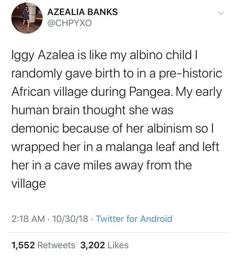 best azealia banks posts - barstool blind mike - Azealia Banks Iggy Azalea is my albino child I randomly gave birth to in a prehistoric African village during Pangea. My early human brain thought she was demonic because of her albinism so l wrapped her in