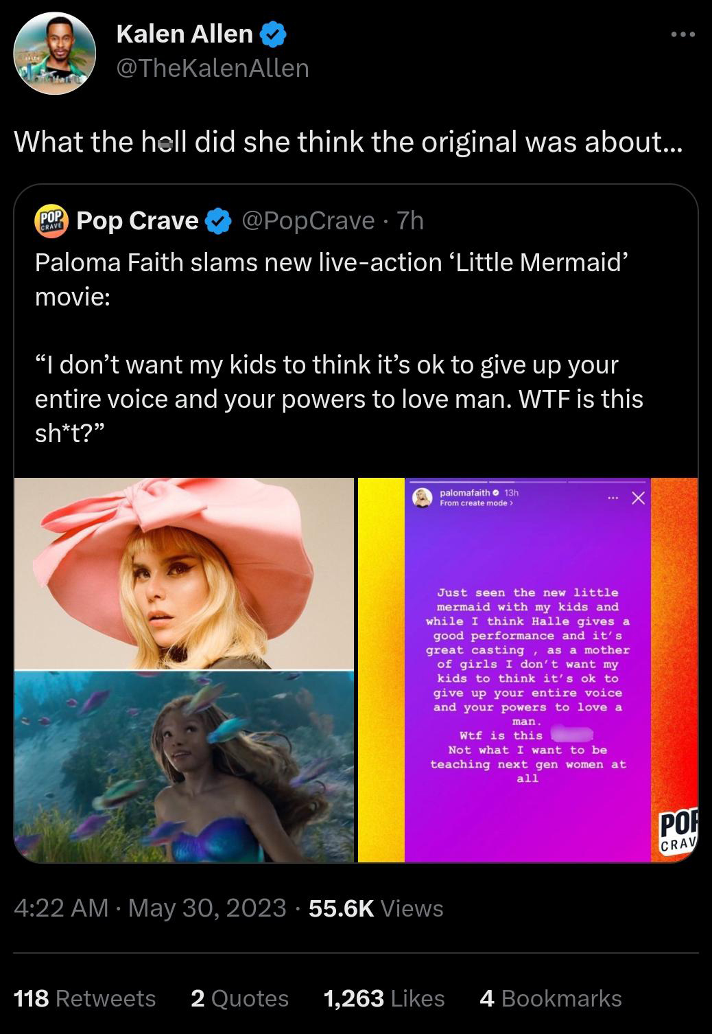 funniest tweets of the week - video - Kalen Allen What the hell did she think the original was about... Pop Crave 7h Paloma Faith slams new liveaction "Little Mermaid' movie "I don't want my kids to think it's ok to give up your entire voice and your powe