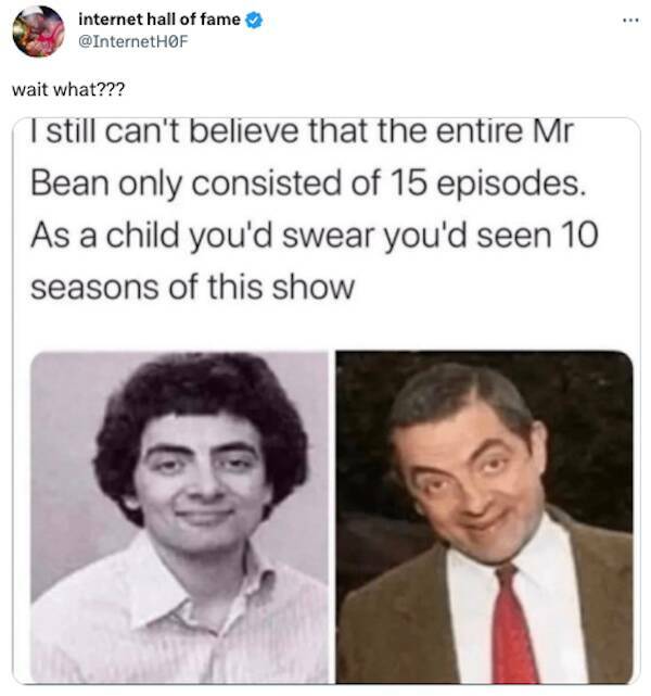 funniest tweets of the week - head - internet hall of fame F wait what??? I still can't believe that the entire Mr Bean only consisted of 15 episodes. As a child you'd swear you'd seen 10 seasons of this show