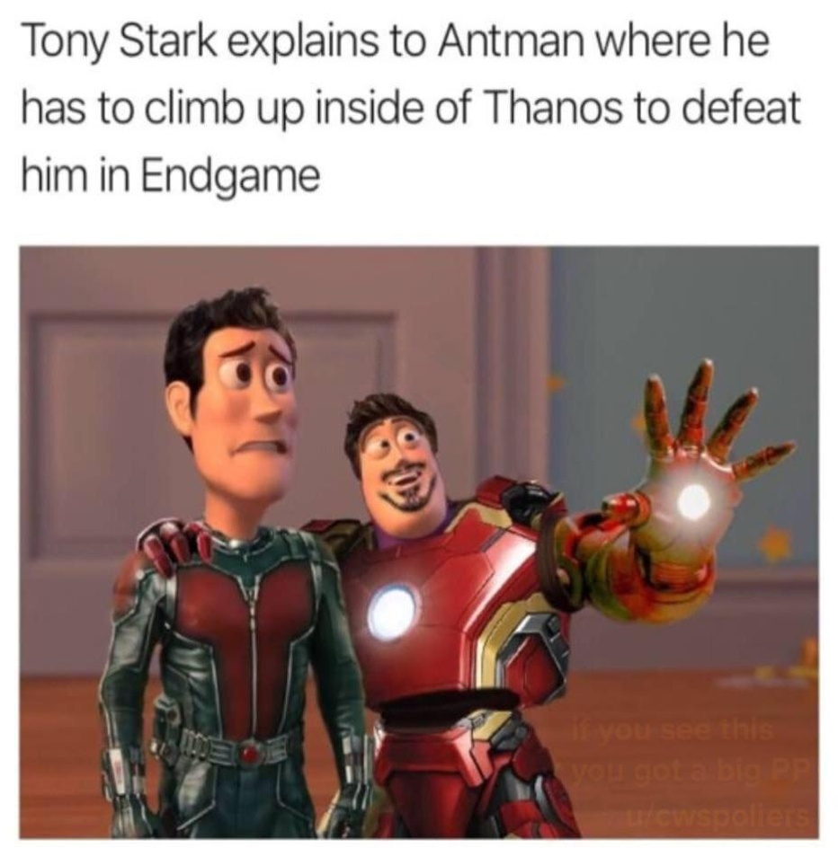 funny friday memes - tony stark mems - Tony Stark explains to Antman where he has to climb up inside of Thanos to defeat him in Endgame Moder if you see this you got a big Pp ucwspoliers