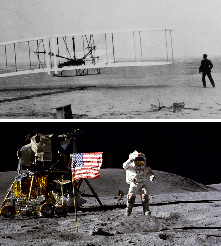 We went from the first manned flight (kitty hawk) to the moon inside of 66 years. -Alczervikslumberyard