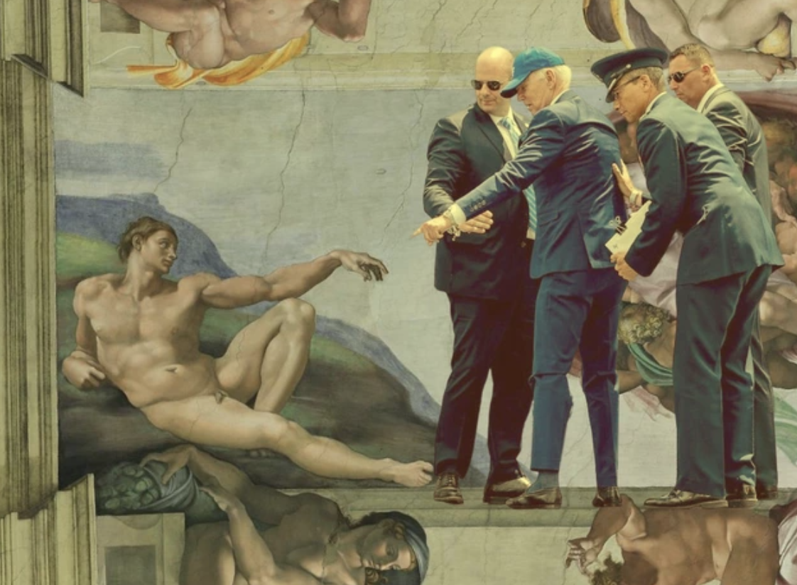 Biden's Fall Photoshop battle -= creation of adam - painted by michelangelo