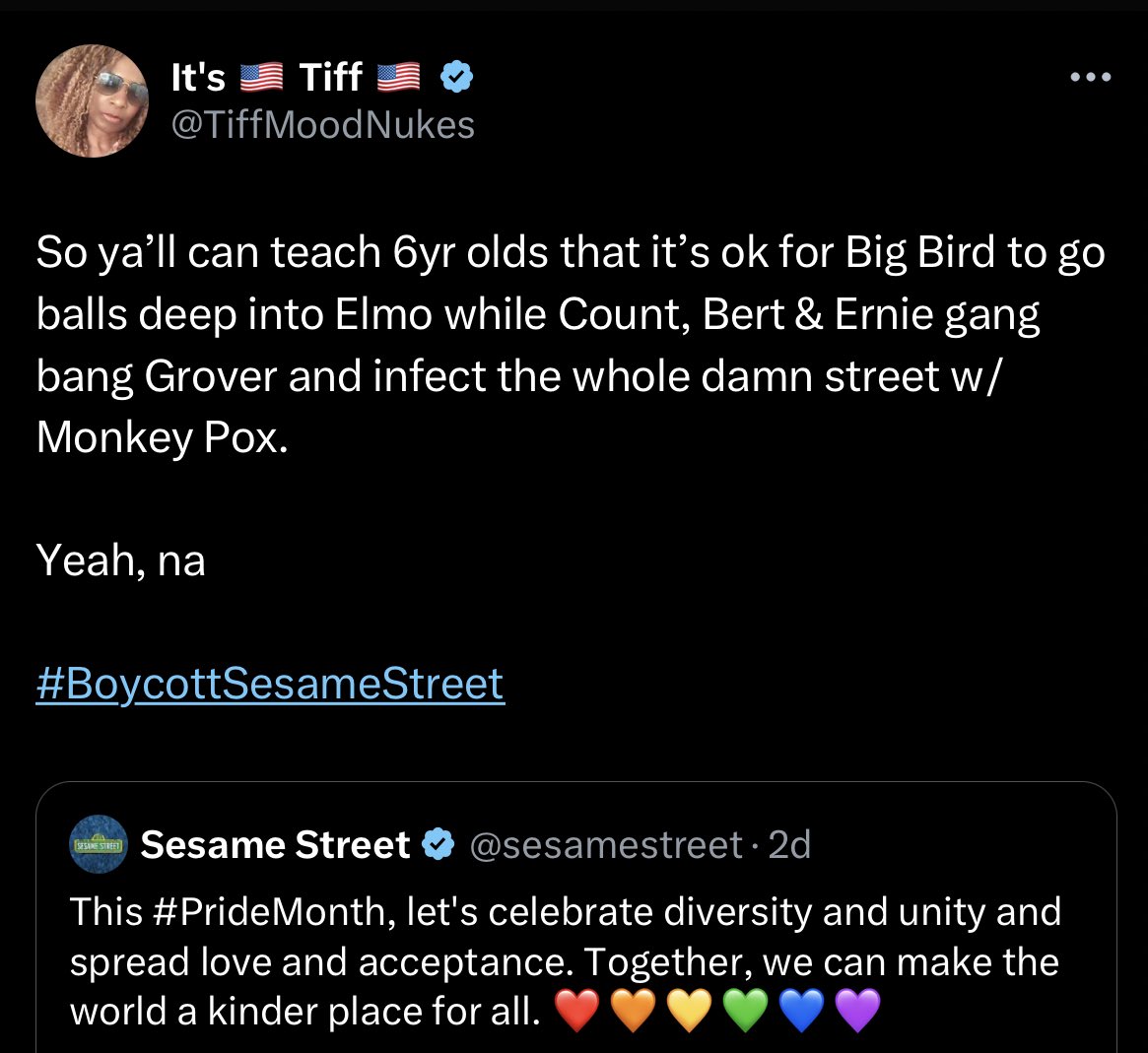 worst tweets of all time - king fahad's fountain - It's Tiff So ya'll can teach 6yr olds that it's ok for Big Bird to go balls deep into Elmo while Count, Bert & Ernie gang bang Grover and infect the whole damn street w Monkey Pox. Yeah, na Street Sesame 
