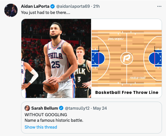famous historic battles - media - Aidan LaPorta You just had to be there.... Pd Phila 25 Mlk 13 pooja Sarah Bellum May 24 Without Googling Name a famous historic battle. Show this thread rookie road Basketball Free Throw Line