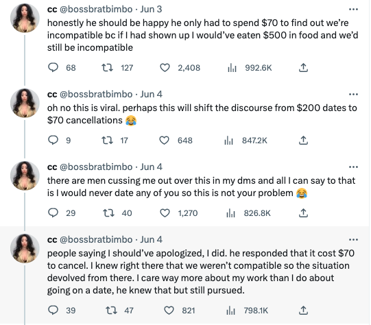 miserable dating story twitter - angle - cc . Jun 3 honestly he should be happy he only had to spend $70 to find out we're incompatible bc if I had shown up I would've eaten $500 in food and we'd still be incompatible 68 127 9 2,408 cc Jun 4 oh no this is