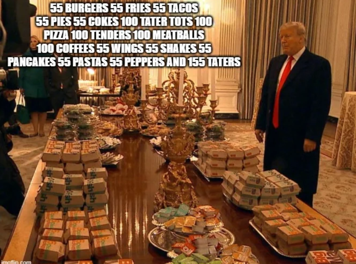 ITYSL season 3 memes - food - 55 Burgers 55 Fries 55 Tacos 55 Pies 55 Cokes 100 Tater Tots 100 Pizza 100 Tenders 100 Meatballs 100 Coffees 55 Wings 55 Shakes 55 Pancakes 55 Pastas 55 Peppers And 155 Taters imollip com