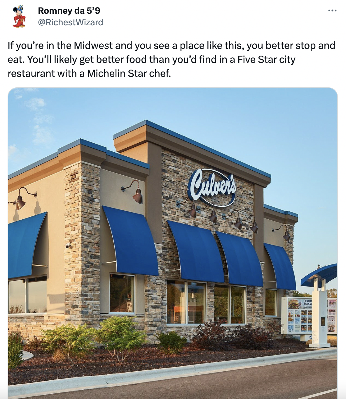 real estate -  If you're in the Midwest and you see a place this, you better stop and eat. You'll ly get better food than you'd find in a Five Star city restaurant with a Michelin Star chef. Culvers Rep