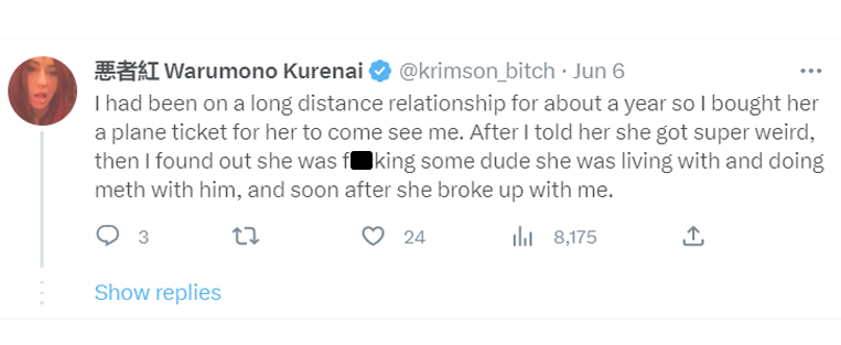 tweets about getting dumped - positive review examples - Warumono Kurenai . Jun 6 I had been on a long distance relationship for about a year so I bought her a plane ticket for her to come see me. After I told her she got super weird, then I found out she