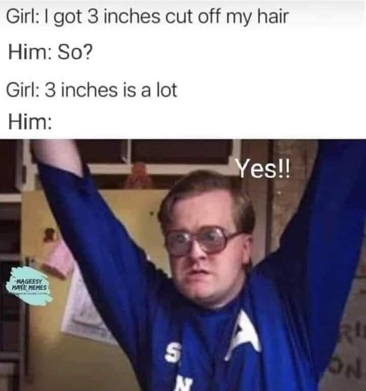 spicy sex memes - photo caption - Girl I got 3 inches cut off my hair Him So? Girl 3 inches is a lot Him Nageesy Mate Memes S N Yes!! On