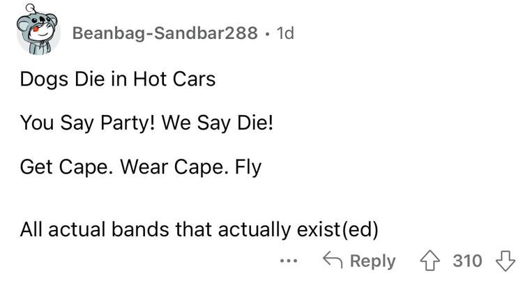 worst band names imaginable - paper - BeanbagSandbar288 1d Dogs Die in Hot Cars You Say Party! We Say Die! Get Cape. Wear Cape. Fly All actual bands that actually existed 310