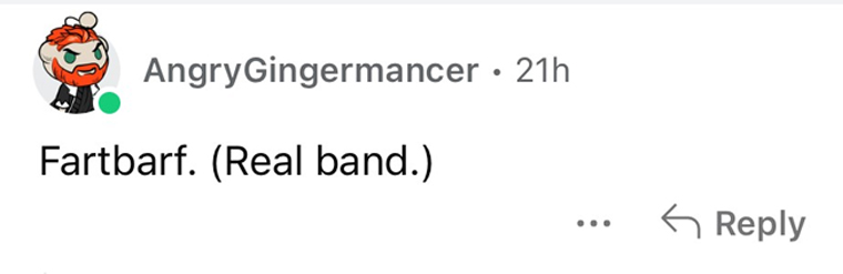 worst band names imaginable - cartoon - Angry Gingermancer 21h Fartbarf. Real band.
