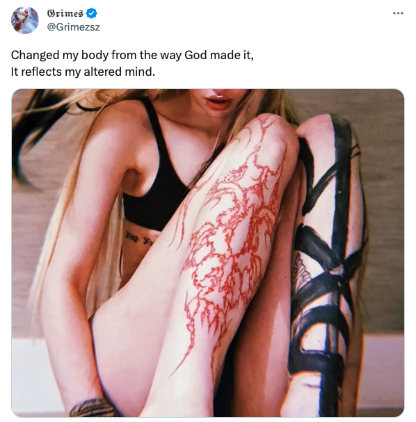 grimes tattoo post - -  - Grimes Changed my body from the way God made it, It reflects my altered mind.