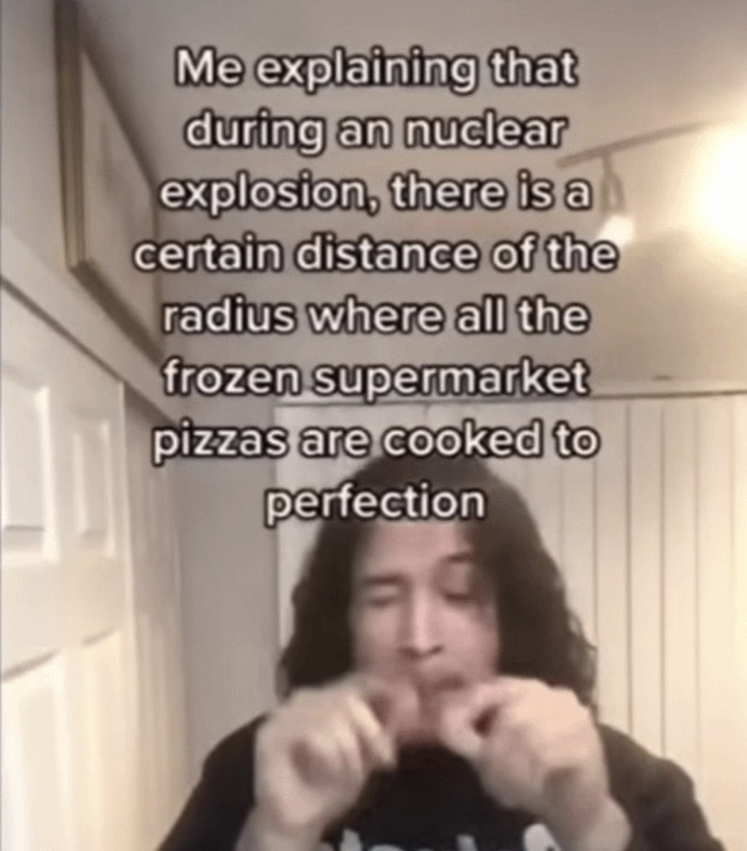 wild tiktok screenshots - photo caption - Me explaining that during an nuclear explosion, there is a certain distance of the radius where all the frozen supermarket pizzas are cooked to perfection