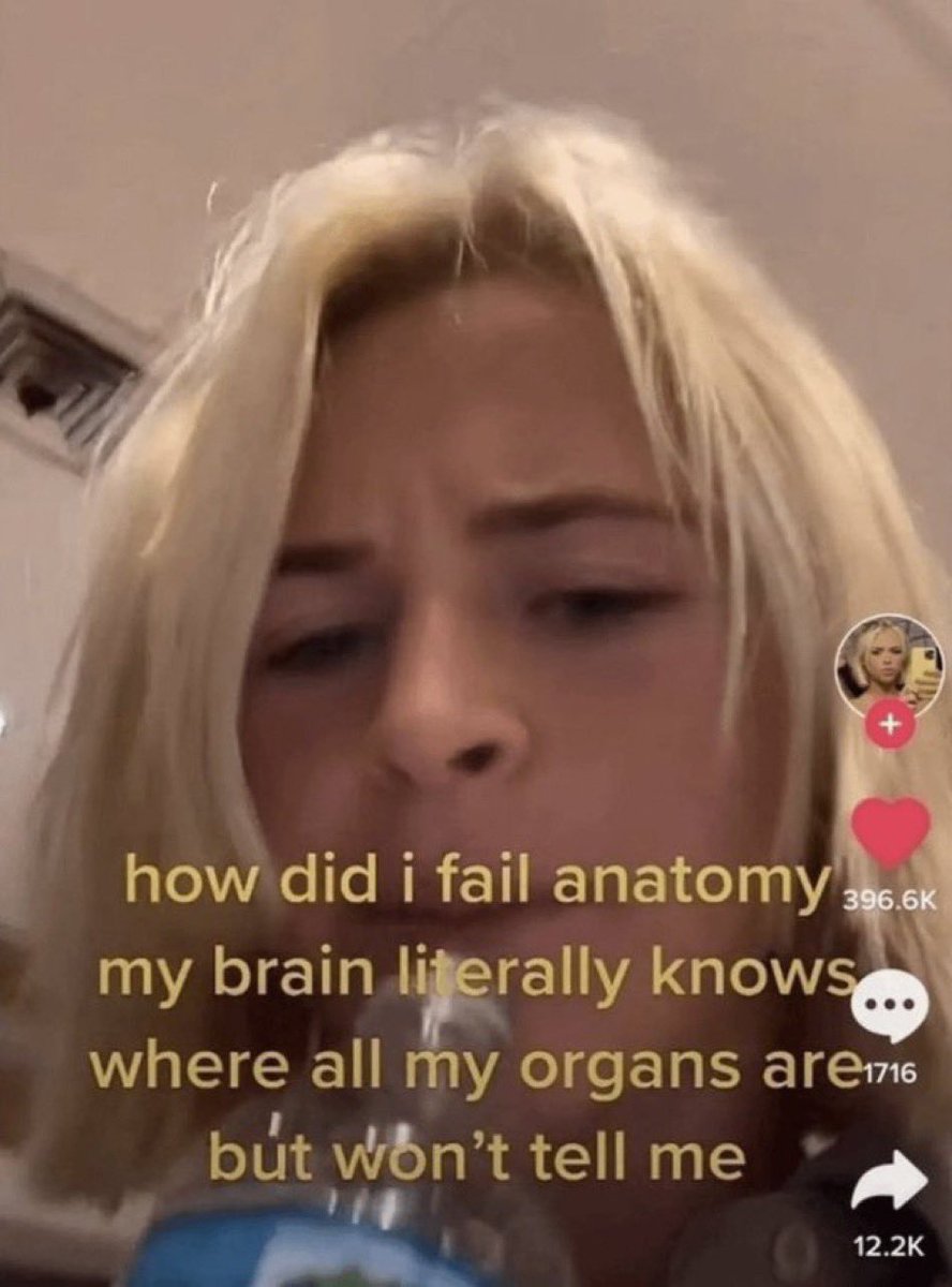 wild tiktok screenshots - blond - how did i fail anatomy my brain literally knows. where all my organs are1716 but won't tell me