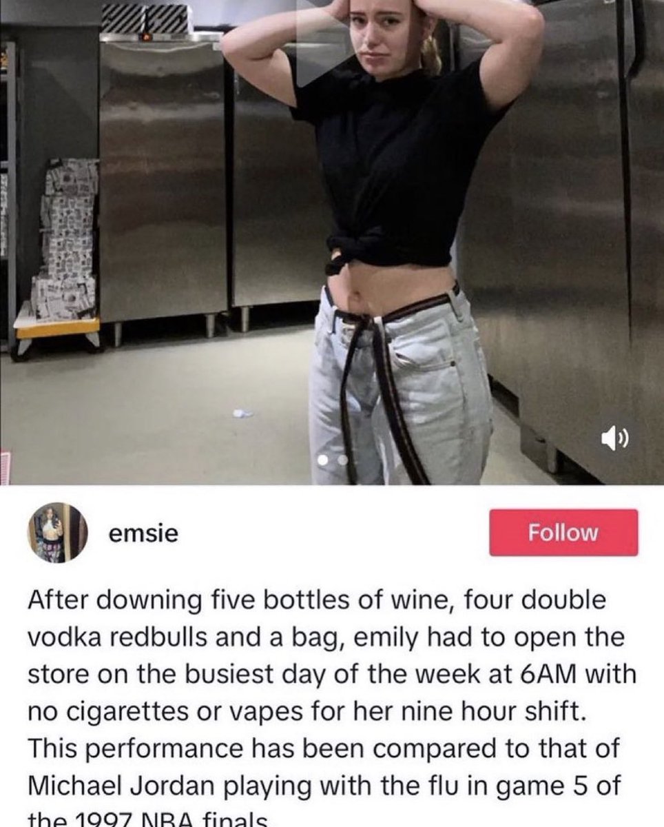 wild tiktok screenshots - shoulder - emsie After downing five bottles of wine, four double vodka redbulls and a bag, emily had to open the store on the busiest day of the week at 6AM with no cigarettes or vapes for her nine hour shift. This performance ha