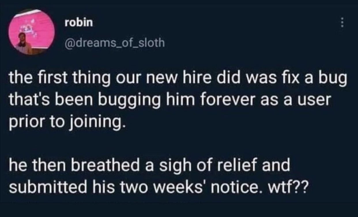 dudes posting their Ws - - - robin the first thing our new hire did was fix a bug that's been bugging him forever as a user prior to joining. he then breathed a sigh of relief and submitted his two weeks' notice. wtf??