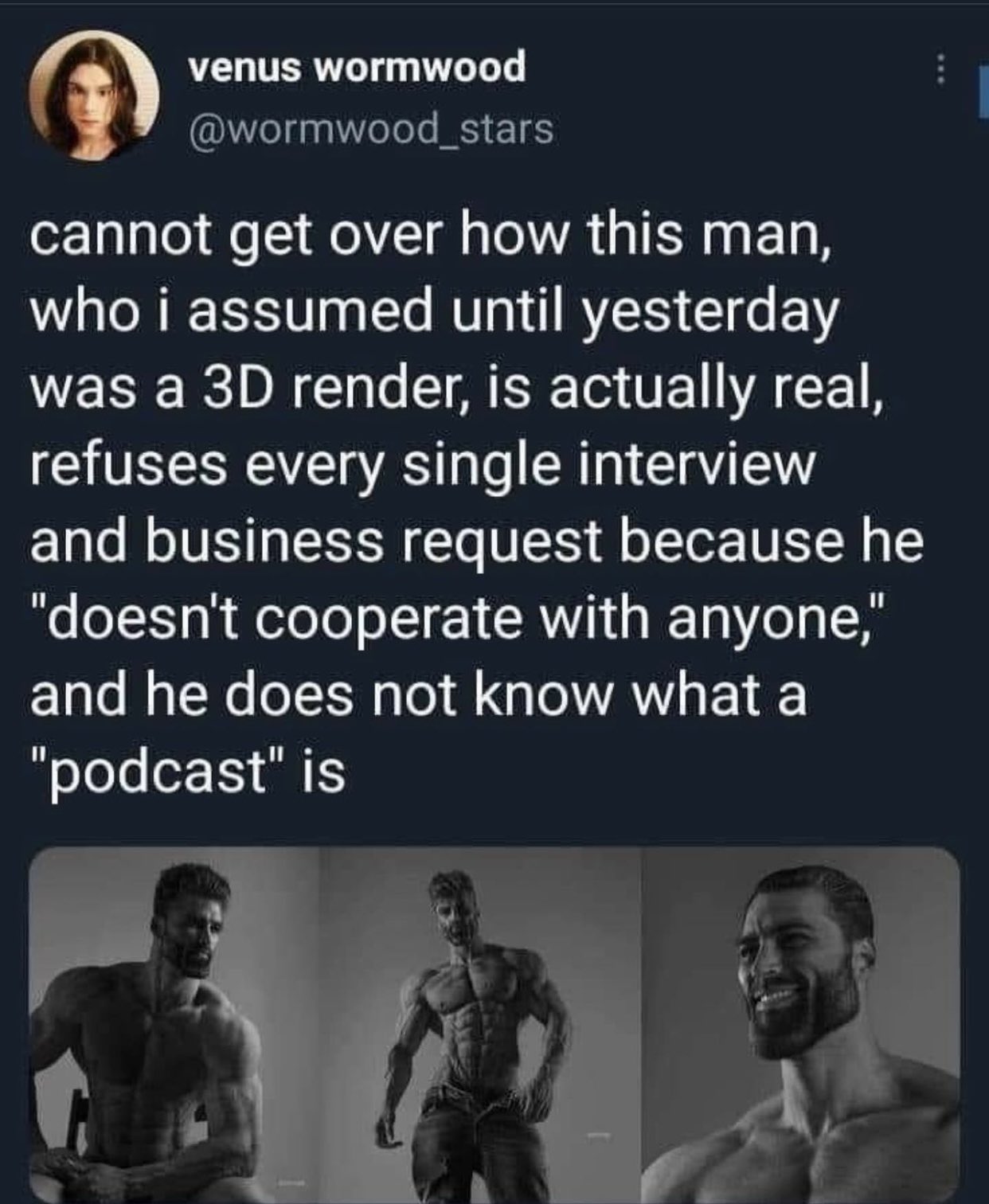 dudes posting their Ws - ernest khalimov ass - venus wormwood cannot get over how this man, who i assumed until yesterday was a 3D render, is actually real, refuses every single interview and business request because he