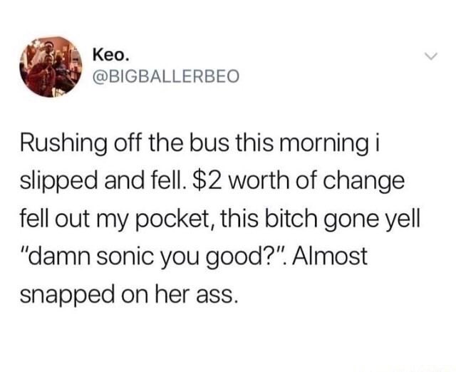 world class insults - not like other squirrels - Keo. Rushing off the bus this morning i slipped and fell. $2 worth of change fell out my pocket, this bitch gone yell "damn sonic you good?". Almost snapped on her ass.