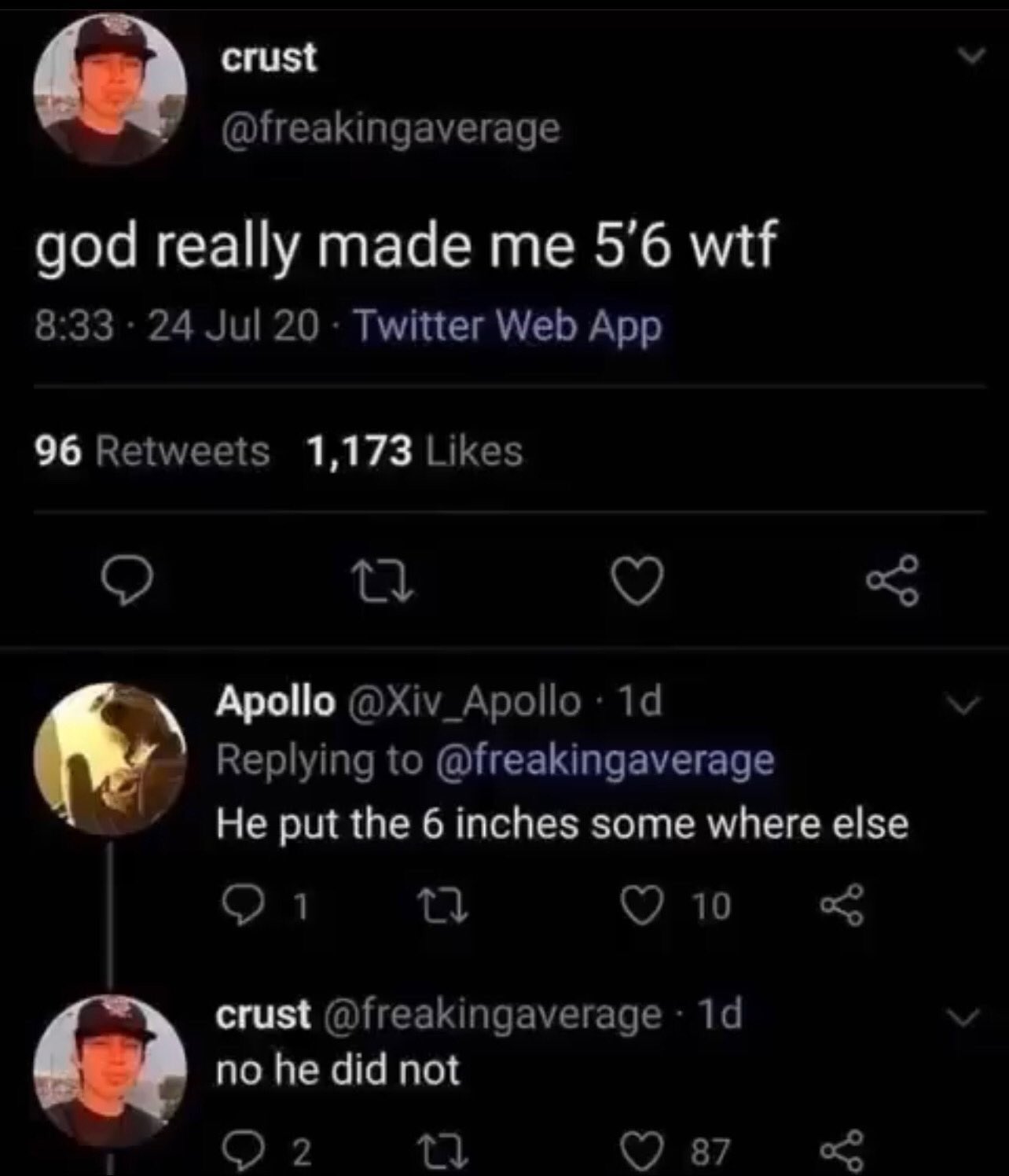 world class insults - god really made me 5 6 wtf twitter - crust god really made me 5'6 wtf 24 Jul 20 Twitter Web App 96 1,173 27 Apollo 1d He put the 6 inches some where else 1 10 crust 1d no he did not 2 22 go 87