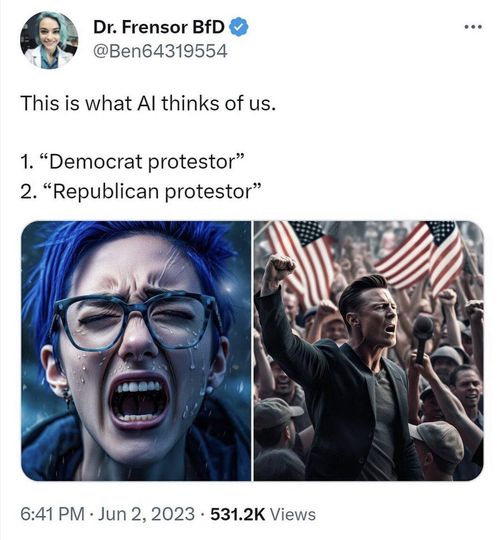 funny tweets and twitter memes - human behavior - Dr. Frensor BfD This is what Al thinks of us. 1. "Democrat protestor" "Republican protestor" 2. Views . ...