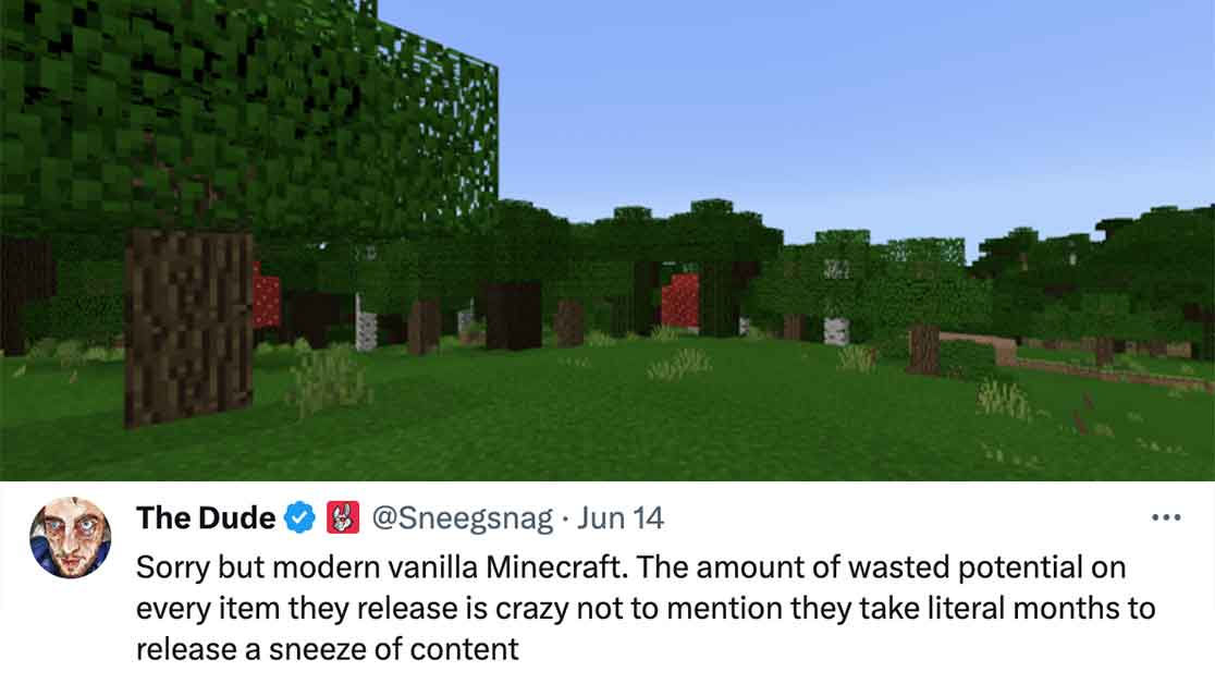 grass - Wh The Dude .y but modern vanilla Minecraft. The amount of wasted potential on every item they release is crazy not to mention they take literal months to release a sneeze of content ...