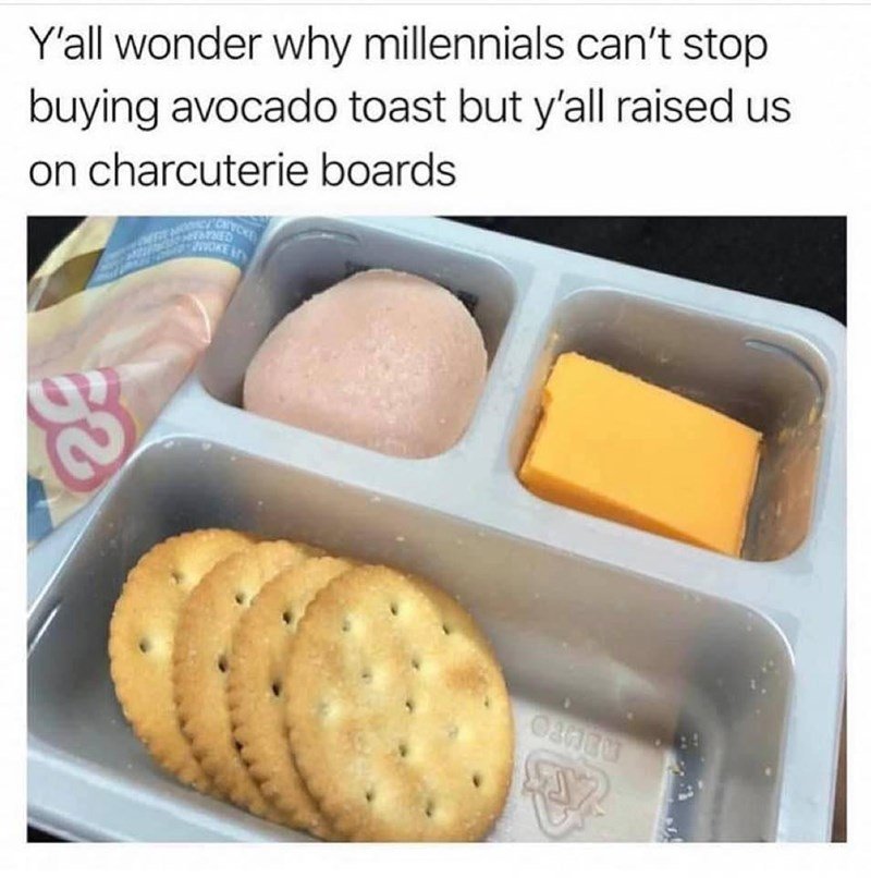 funny memes and cool pics - meal - Y'all wonder why millennials can't stop buying avocado toast but y'all raised us on charcuterie boards 32 Ponycke Enned Woke Camen