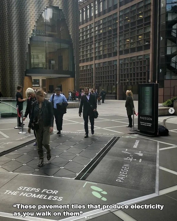 awesome designs by clever people - pedestrian - 4 Steps For The Homeless Pavegen Broadgate Pavegen Swan s "These pavement tiles that produce electricity as you walk on them"