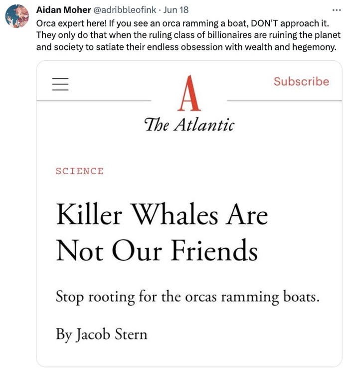Orca Memes - number - Aidan Moher . Jun 18 Orca expert here! If you see an orca ramming a boat, Don'T approach it. They only do that when the ruling class of billionaires are ruining the planet and society to satiate their endless obsession with wealth an
