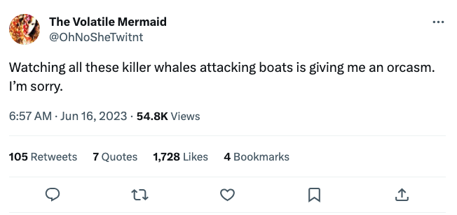Orca Memes - number - The Volatile Mermaid Watching all these killer whales attacking boats is giving me an orcasm. I'm sorry. Views 105 7 Quotes 1,728 4 Bookmarks 22 Q